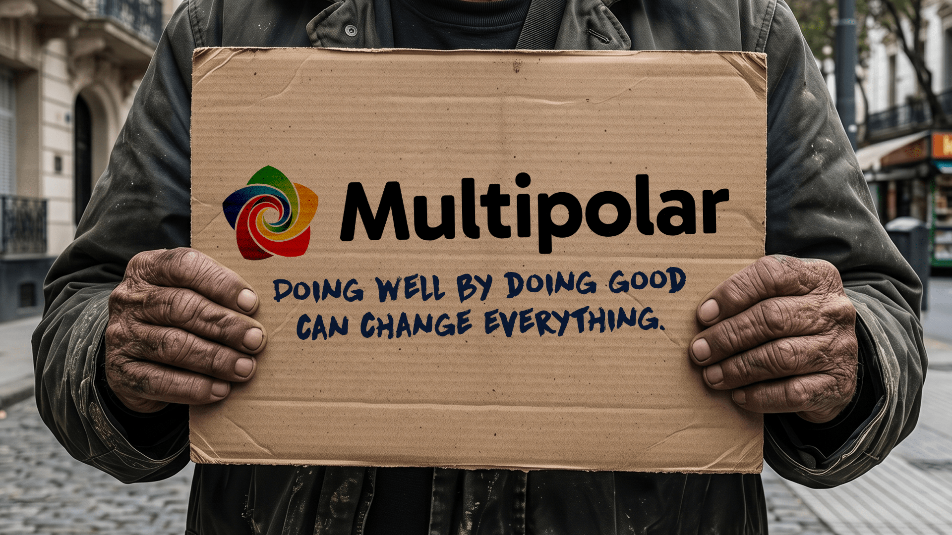 Person holding a cardboard sign with the Multipolar logo and a message about creating positive impact by doing good